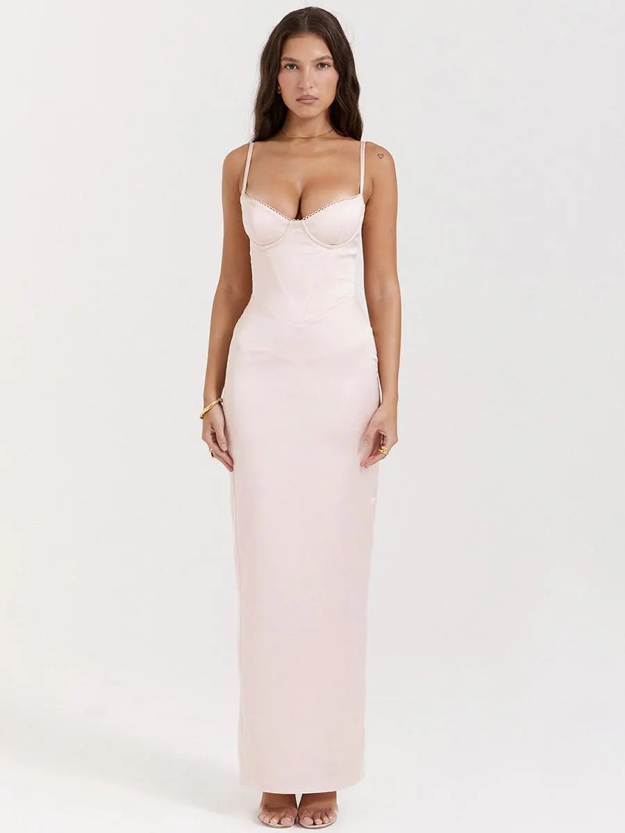 Pink Party Dress Adjustable Spaghetti Straps Backless Slit Sheath Dresses
