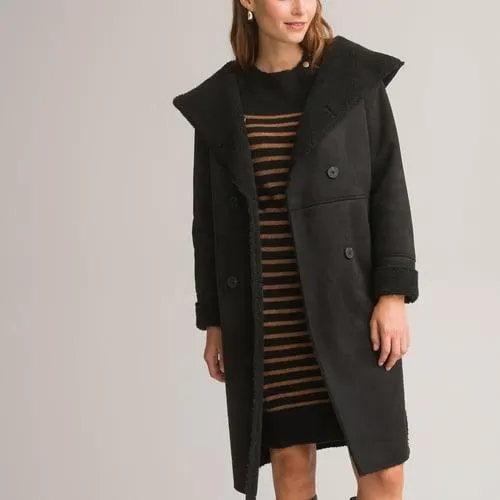 Mid-Length Winter Coat with Button Fastening and Hood