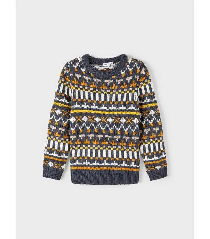 Name It Grey Fairisle Print Crew Neck Jumper
