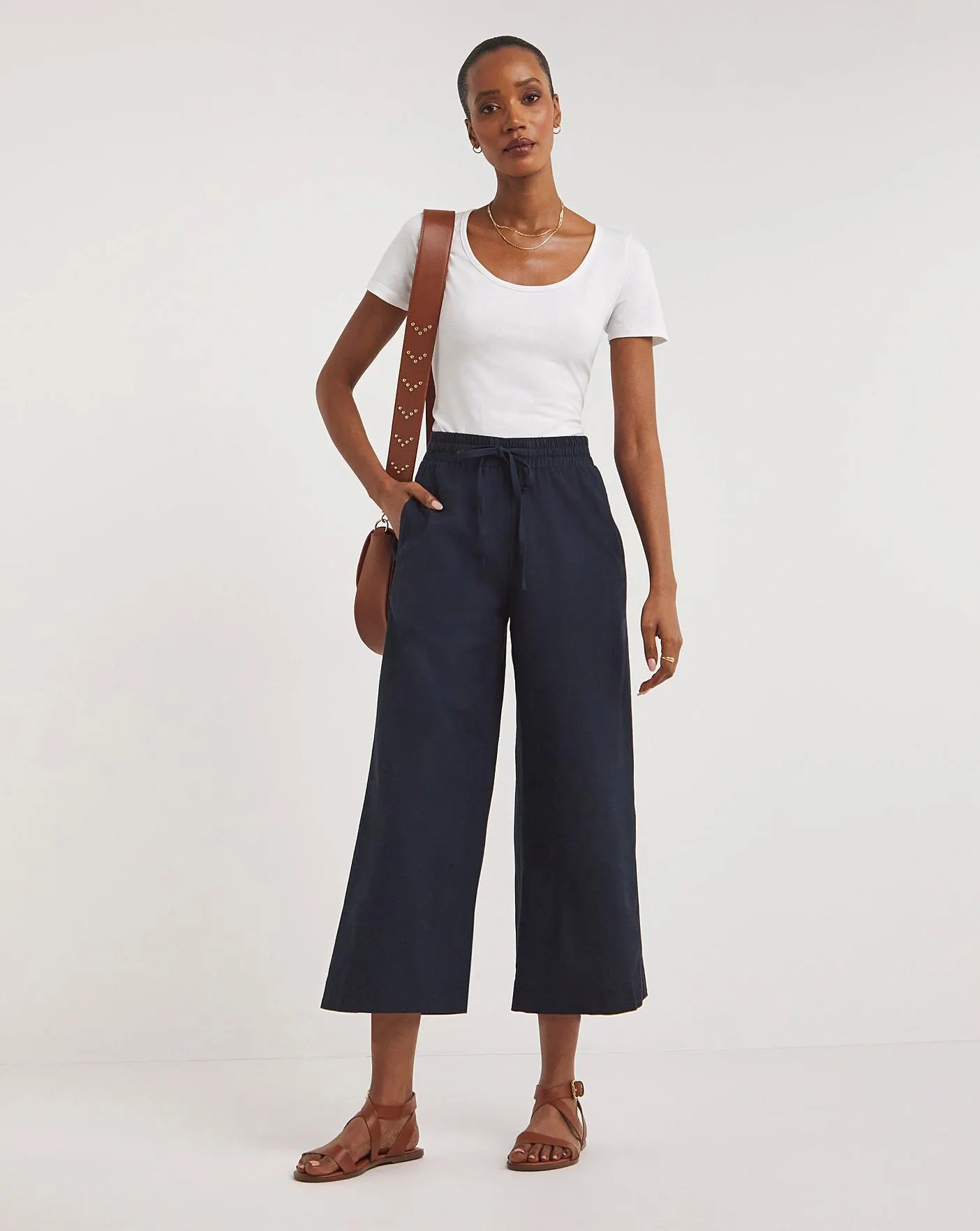 Navy Linen Mix Wide Leg Culottes