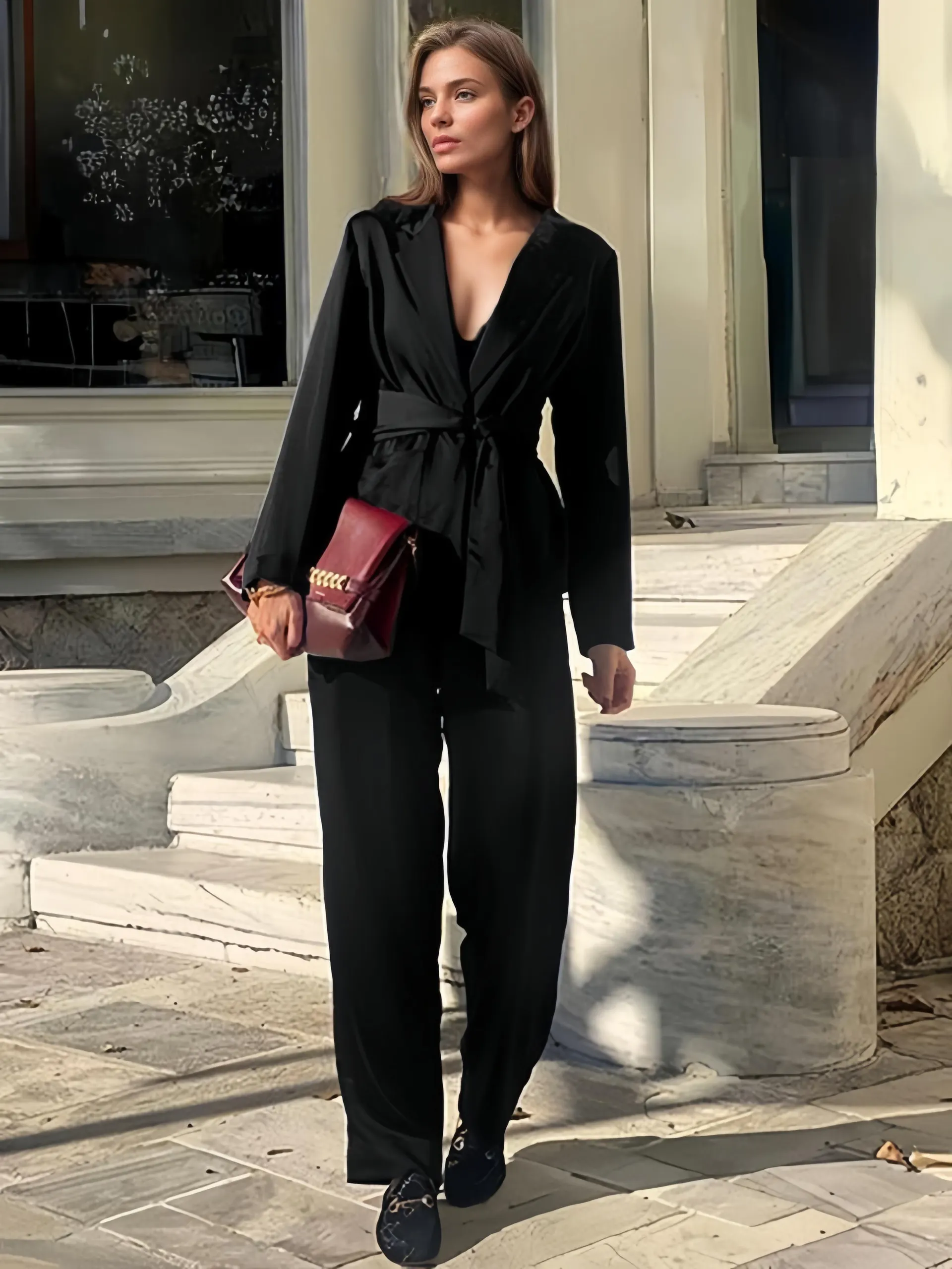 Pant Set Blue Chic Office & Career Sash Polyester