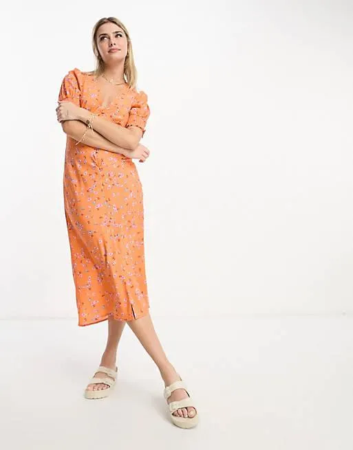 Influence button front midi dress in orange floral print