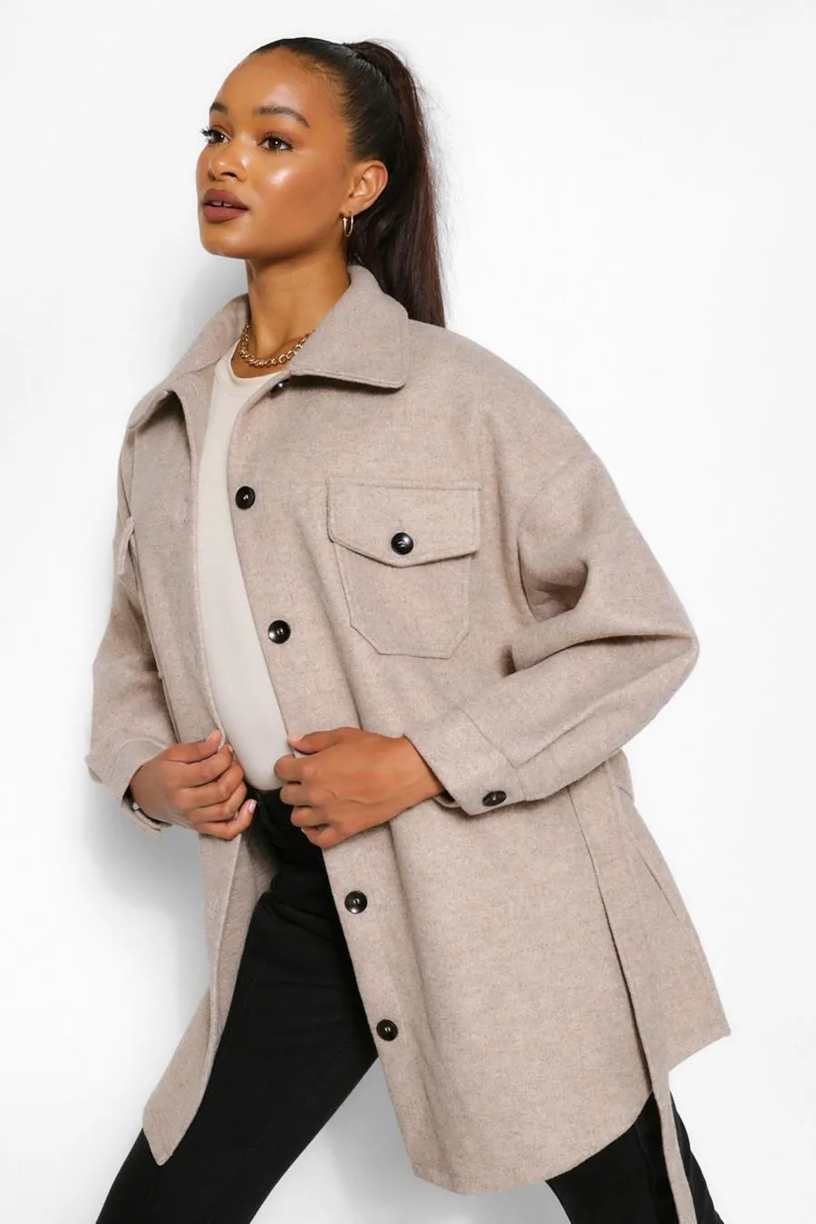 Oatmeal Tall Wool Belted Shacket Coat