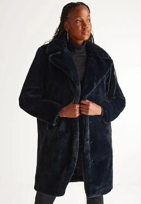 Womens Plain Black Faux Fur Coat