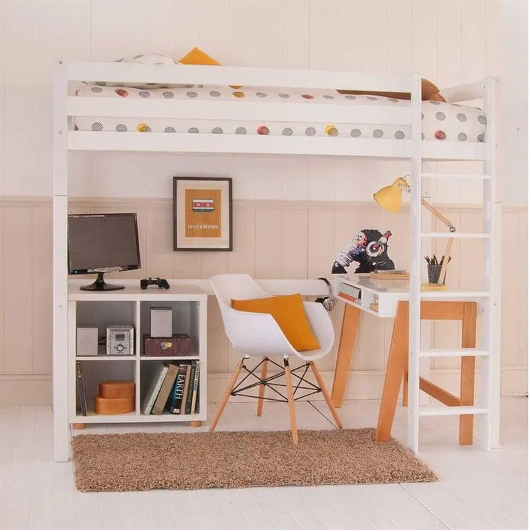 White Wood Children's High Sleeper Loft Single Bed with Desk and Storage