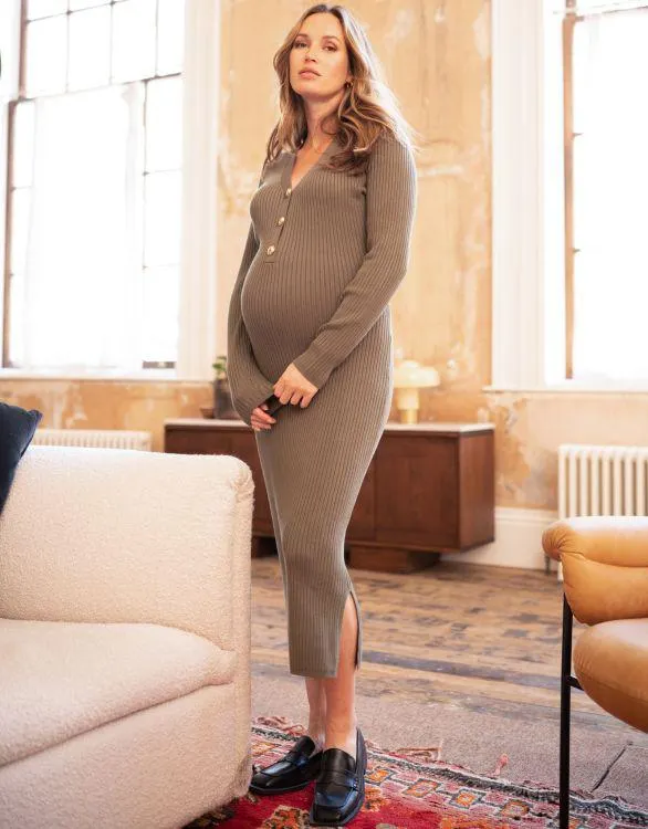 Khaki Ribbed Knit Midi Maternity Dress