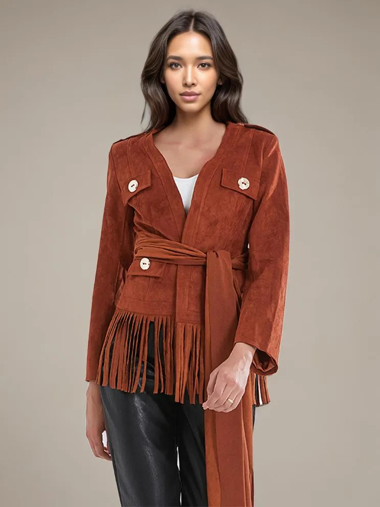 Women's Jackets V-Neck Knotted Lace-up Chic Buttons Street Wear Coffee Brown Jacket For Women