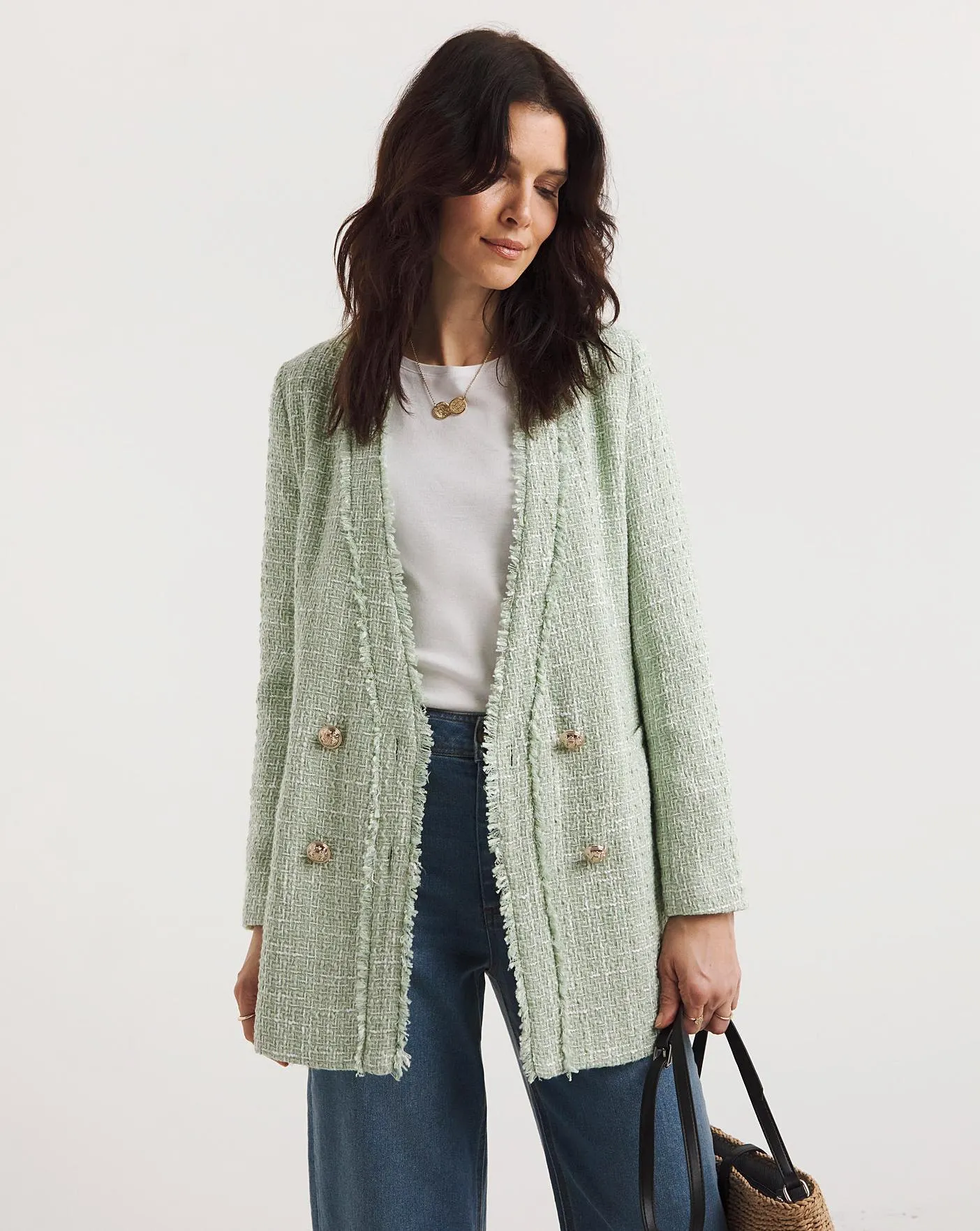 Peppermint Collarless Boucle Blazer