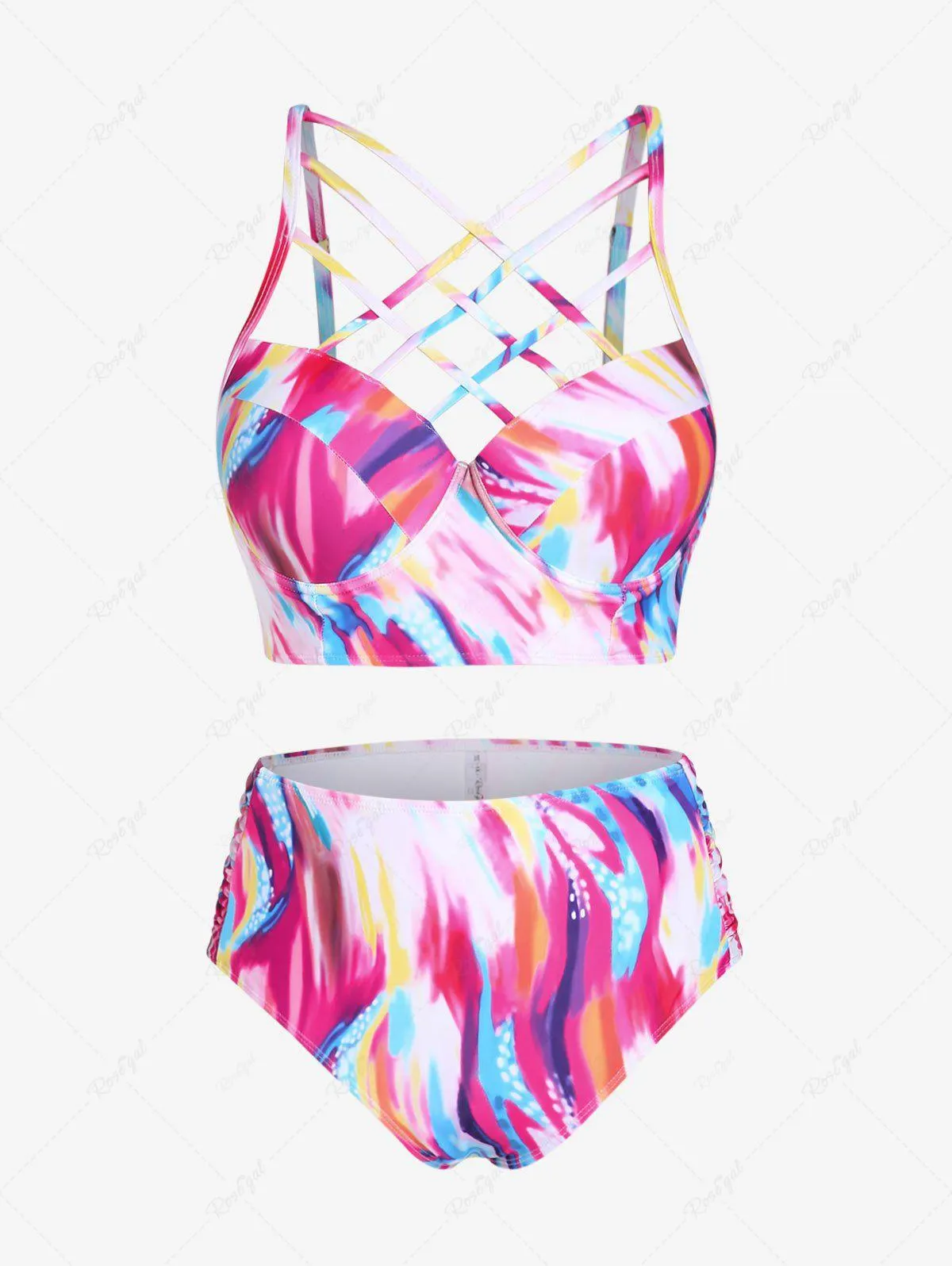 Plus Size & Curve Underwire Crisscross Swirl Print High Waist Longline Bikini Swimsuit - 5x