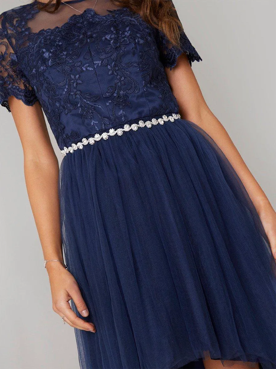 Ribbon Waist Belt with Diamante Embellishment in Blue