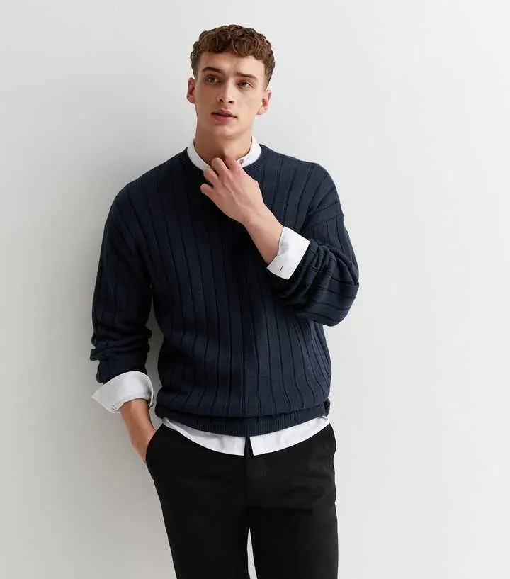 Navy Ribbed Knit Crew Neck Oversized Jumper