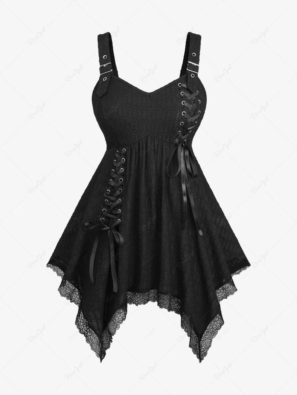 Plus Size Lace Up Lace-trim Buckle Grommet Textured Handkerchief Solid Tank Top - L | Us 12