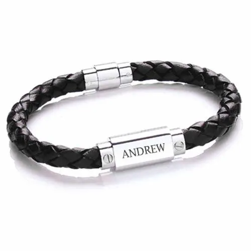 Personalised Mens Leather Bracelet (Black)