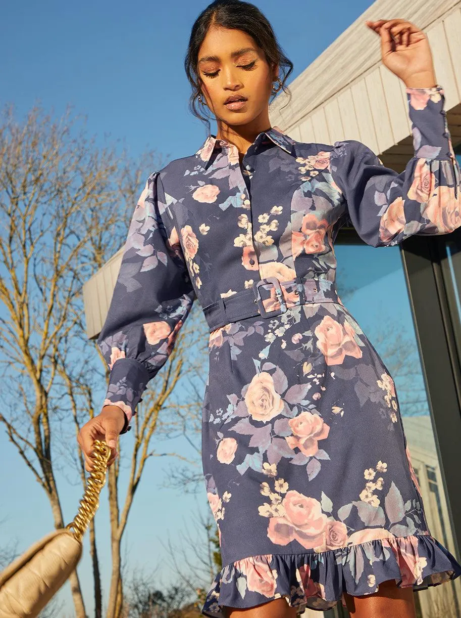 Floral Printed Shirt Dress in Navy
