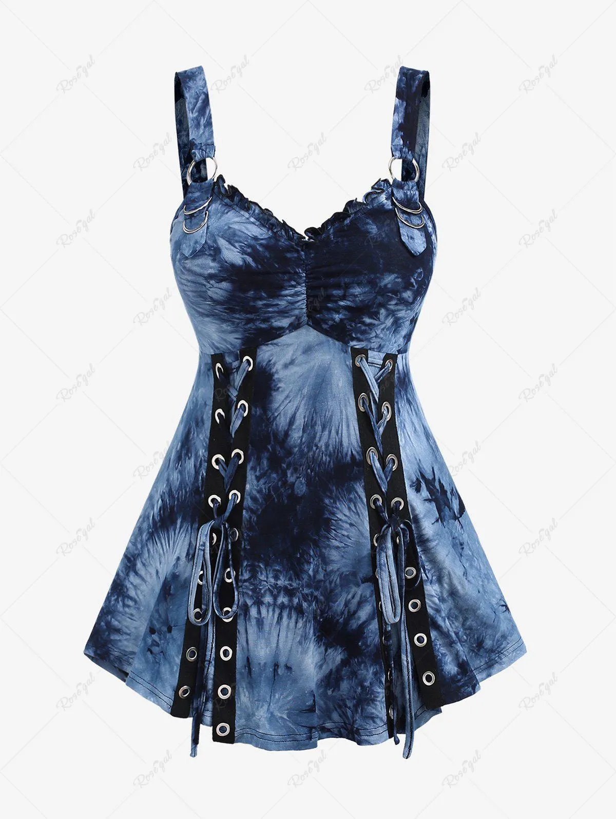 Plus Size Lace-up Ruffles Trim Tie Dye Tank Top - L | Us 12