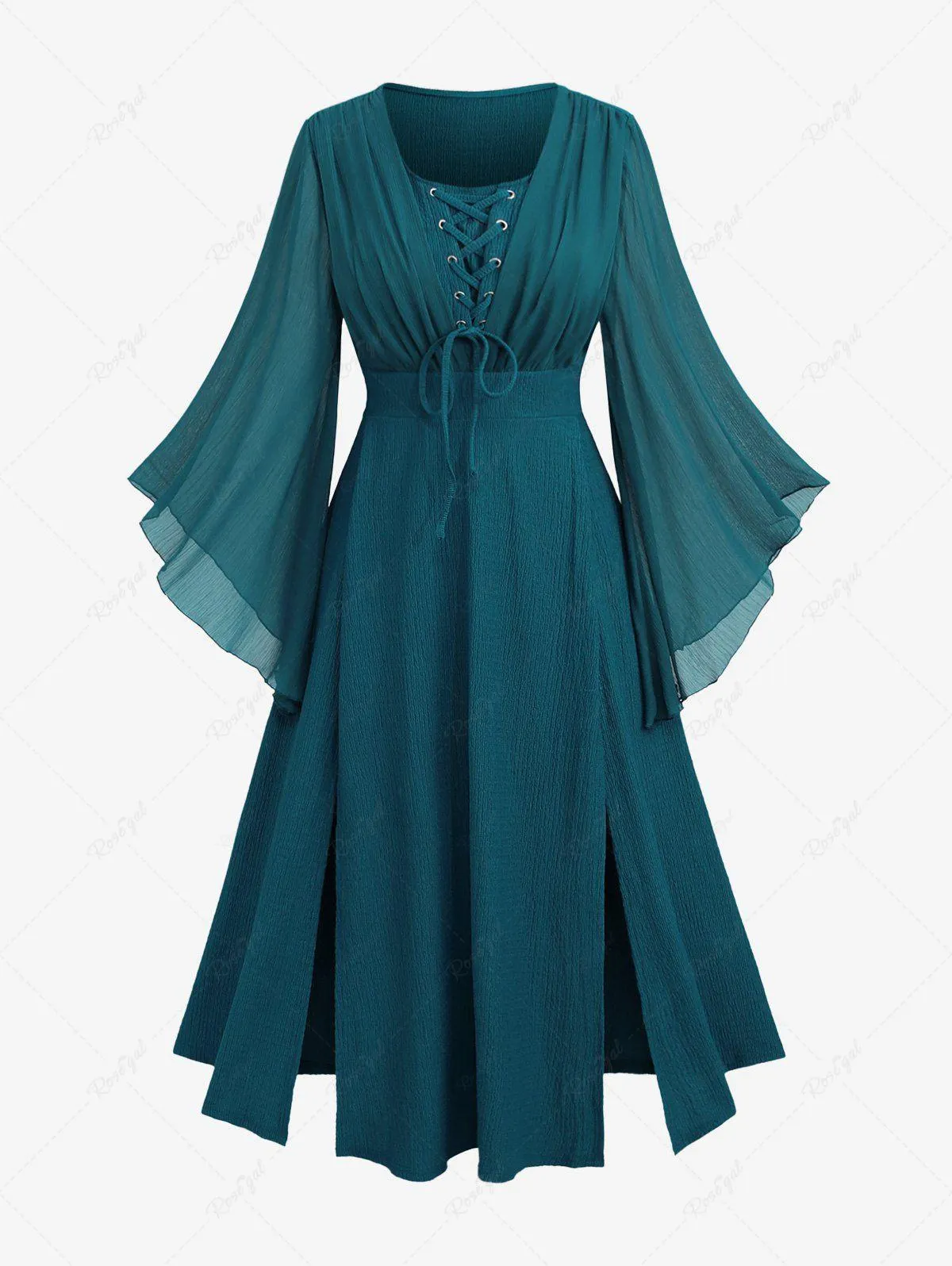 Plus Size Ruched Lace Up Mesh Bell Sleeves Textured Split Dress - 3x | Us 22-24