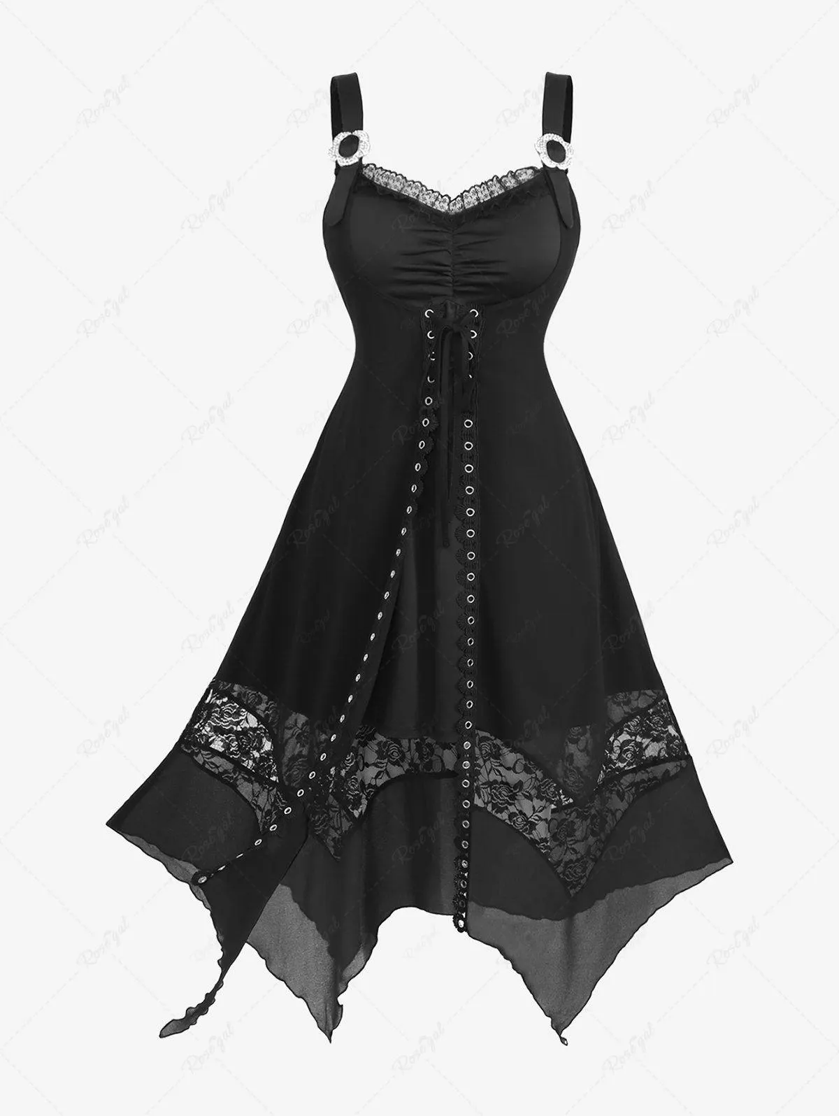 Plus Size Lace-up Grommets Floral Lace Patchwork Flower Buckle Asymmetrical Tank Dress - 1x | Us 14-16