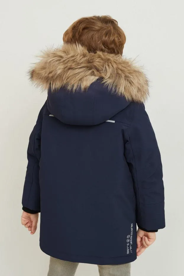 Jacket with hood and faux fur trim