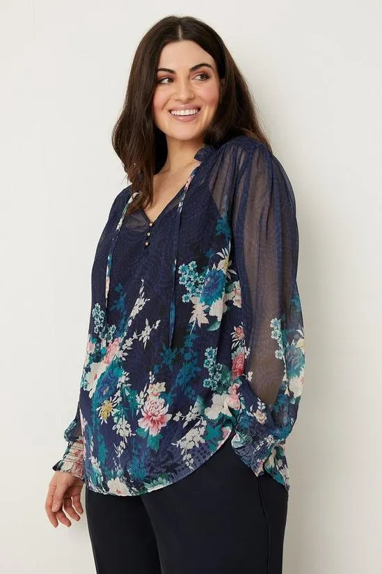 Curve Navy Floral Border Print Blouse