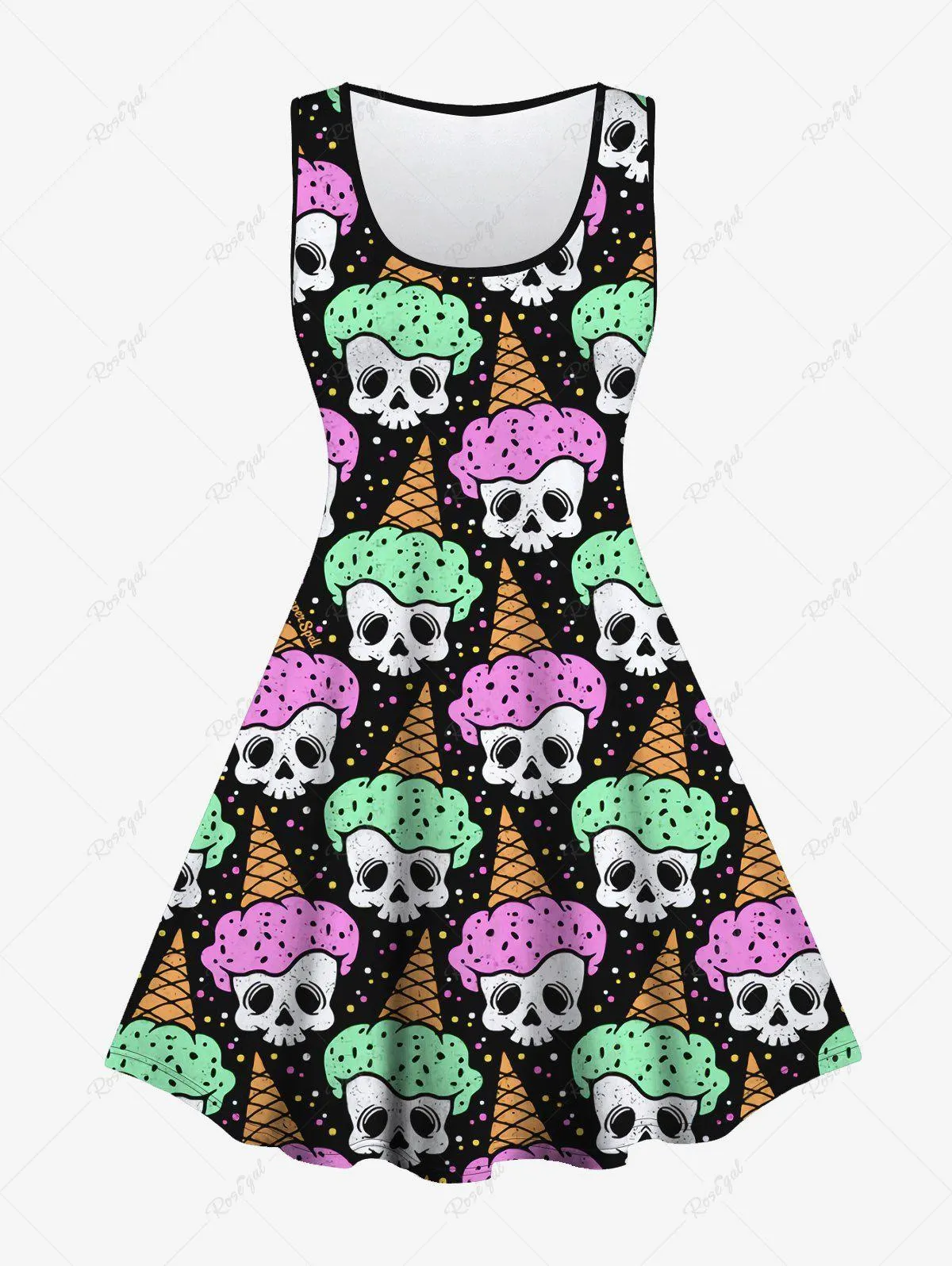 Gothic Skull Ice Cream Print Sleeveless A Line Dress - 3x | Us 22-24