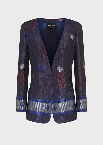 Single-breasted jacket in a jacquard silk and linen blend