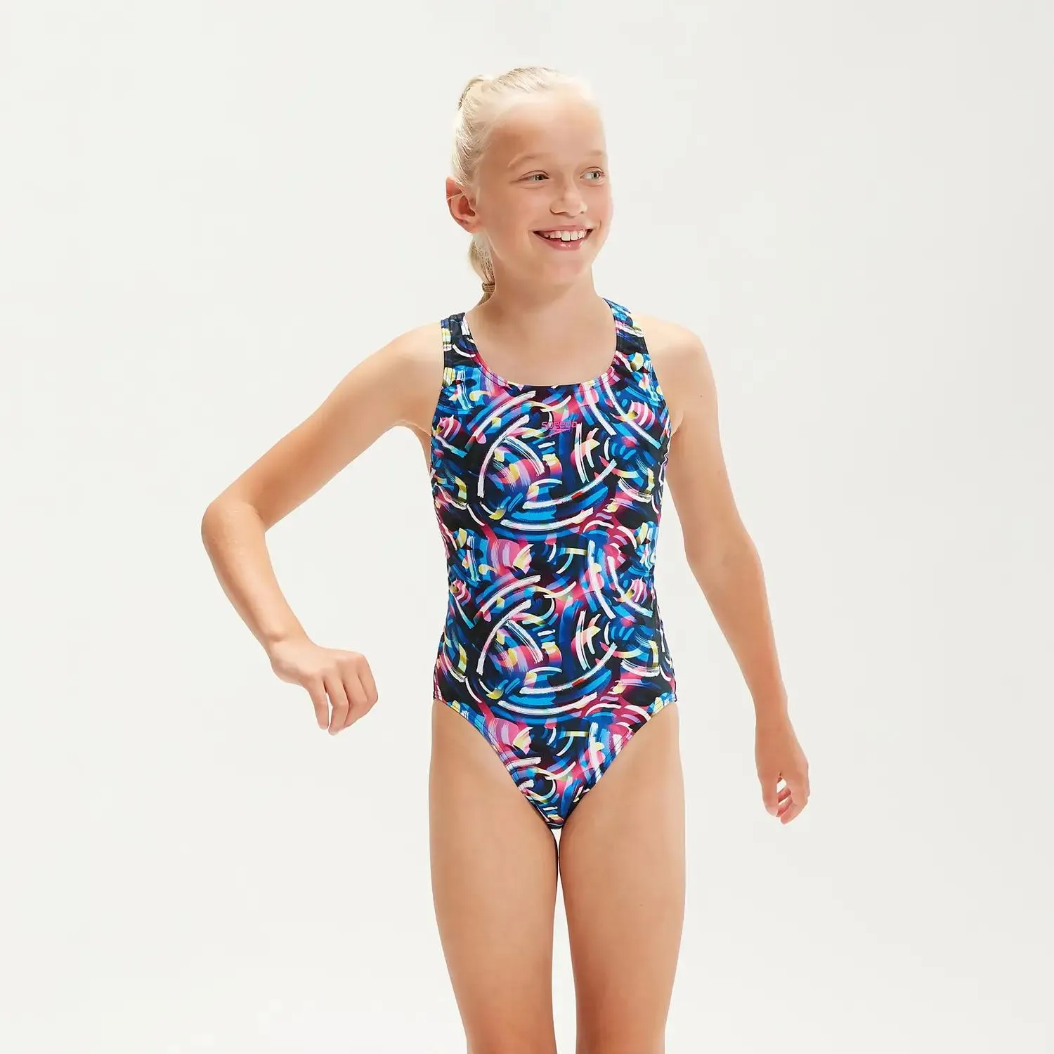 Girls' Allover Leaderback Swimsuit Black/Blue