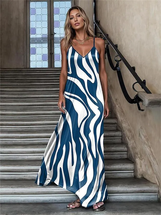 Women's Casual Dress Summer Dress Color Block Backless Print Strap Long Dress Maxi Dress Streetwear Street Vacation Sleeveless Regular Fit Navy Blue Blue Purple Summer S M L XL XXL