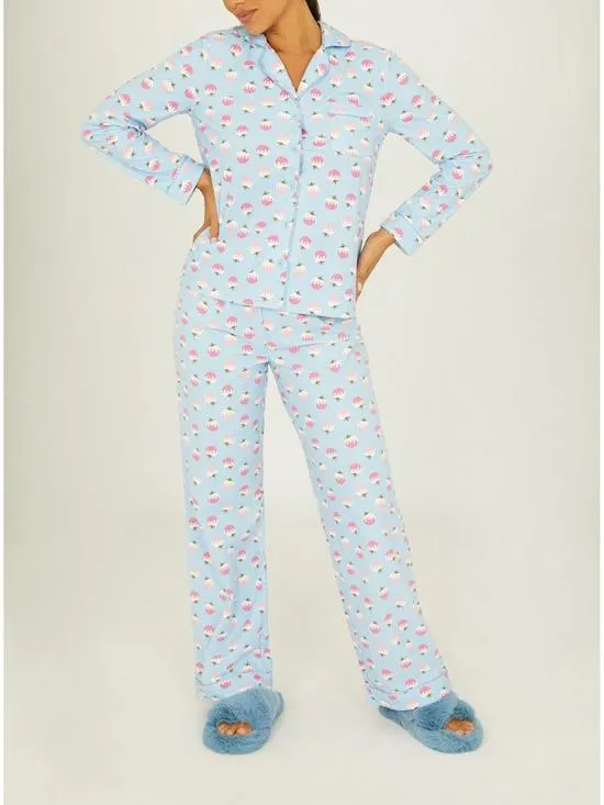 Christmas Pudding Fleece Pj In A Bag - Light Blue