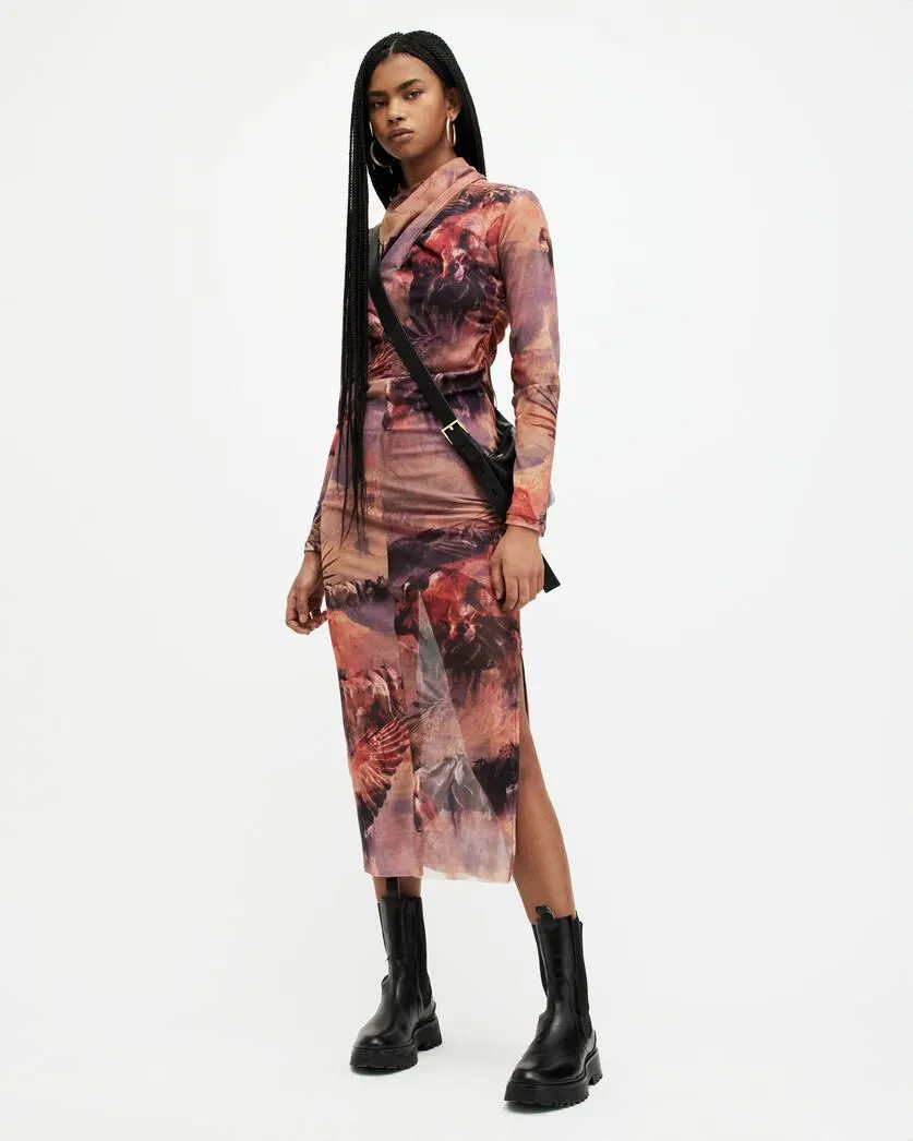 Tia Colca Mesh Printed Midi Dress