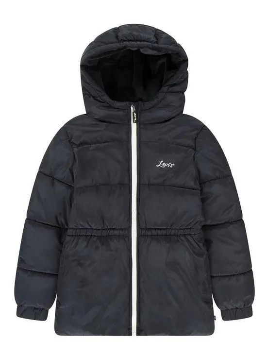 Girls Thigh Length Padded Coat - Black