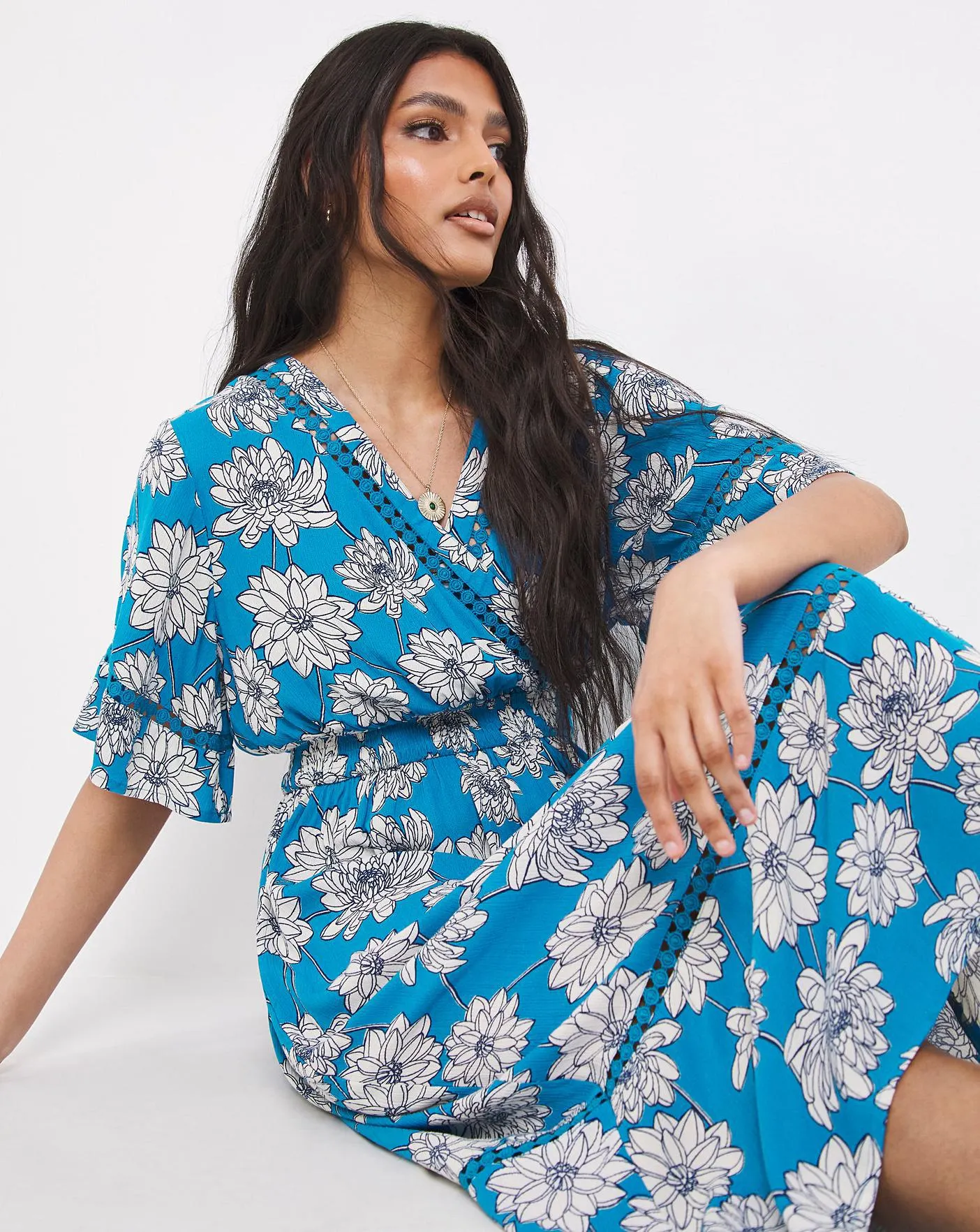 Blue Floral Crinkle Hi Lo Ladder Dress