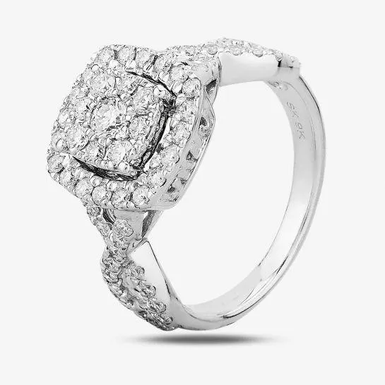 Pure Brilliance 9ct White Gold 1.00ct Diamond Cross Shoulder Square Cluster Ring THR19823-125E 9WG