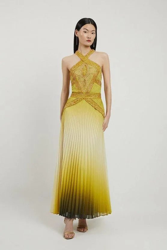 Geo Embellished Ombre Pleated Woven Maxi Dress