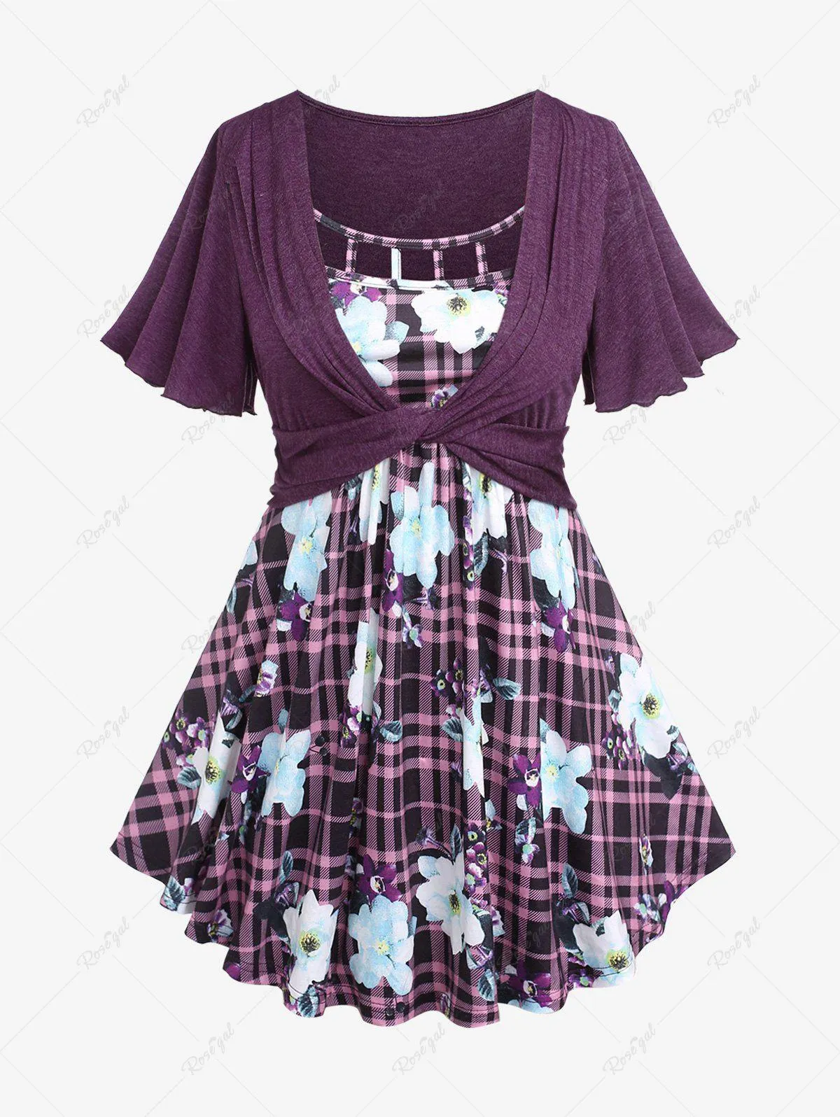 Plus Size Plaid Flower Print Twist Hollow Out Panel T-shirt - 4x | Us 26-28