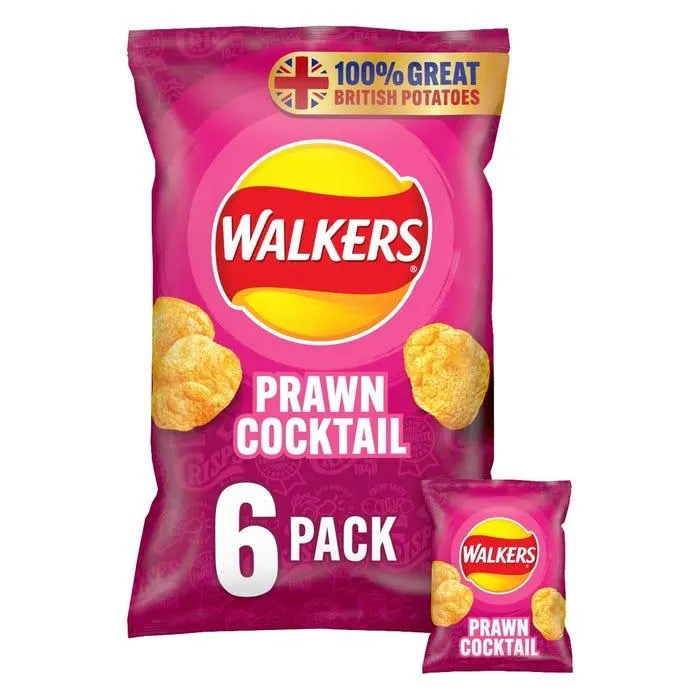 Walkers Prawn Cocktail Crisps, 25g (Pack of 6)