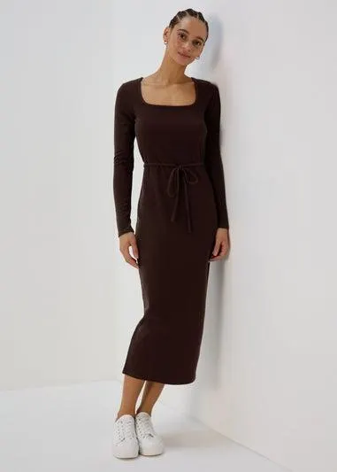 Brown Square Neck Skinny Belt Dress - Size 8