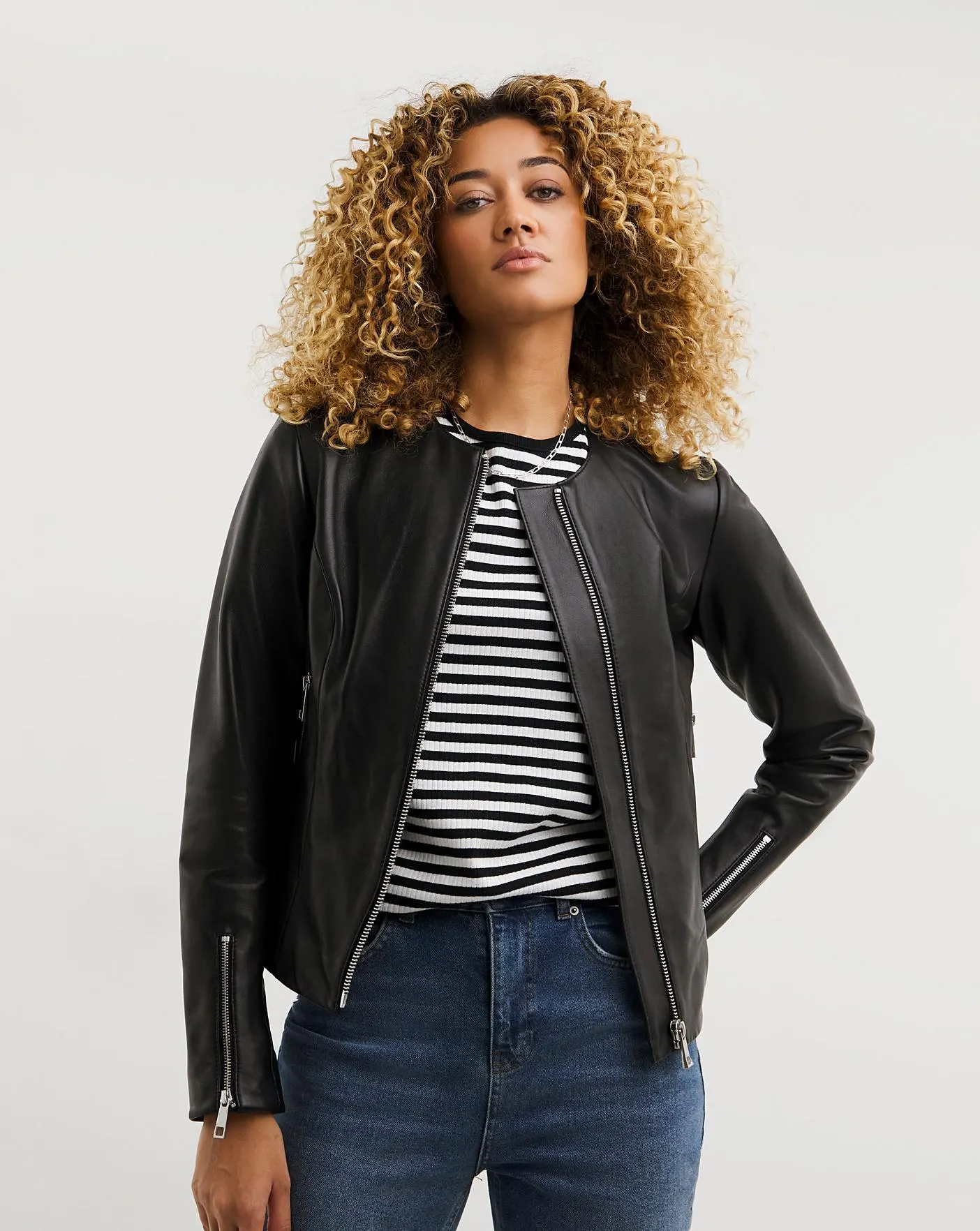 Black Collarless Leather Biker Jacket
