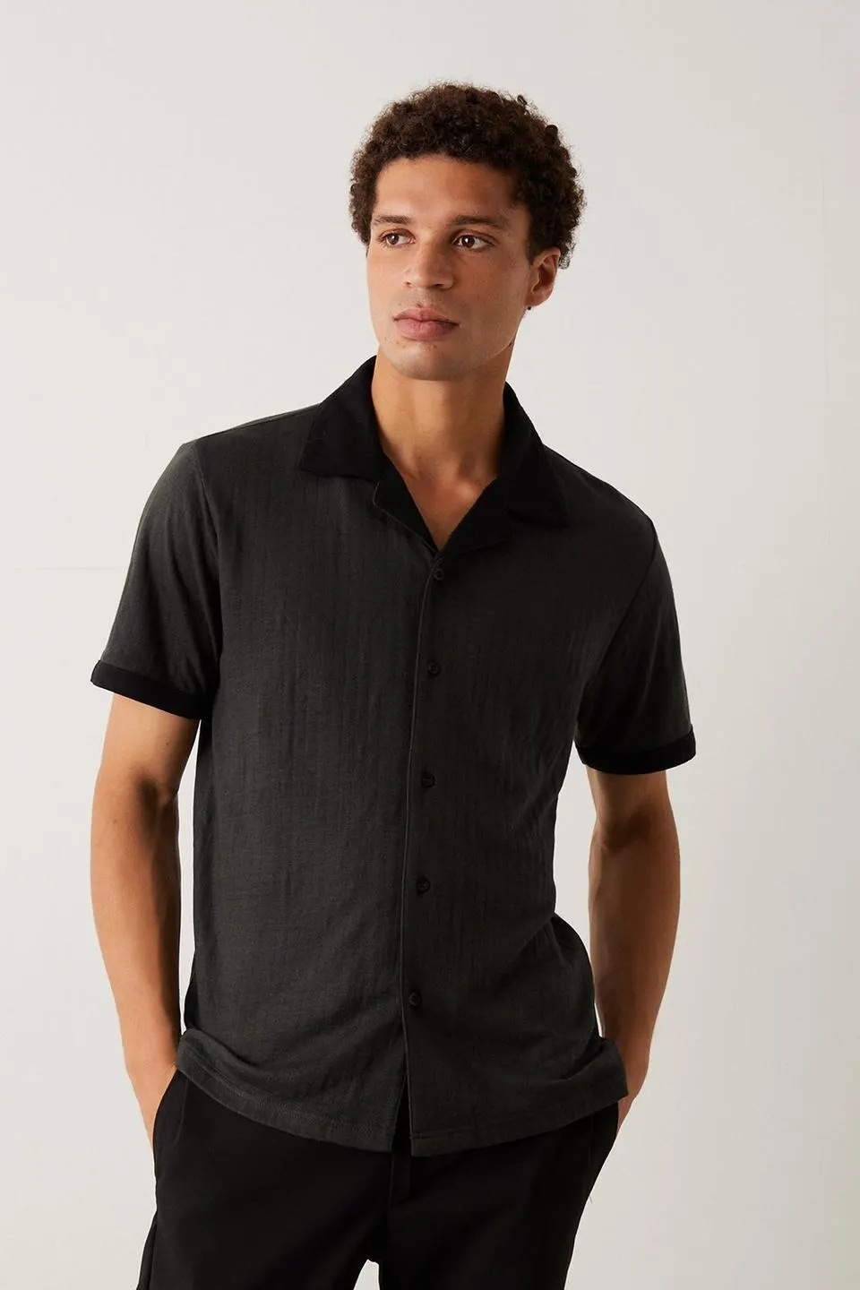 Charcoal Short Sleeve Textured Johnny Collar Polo