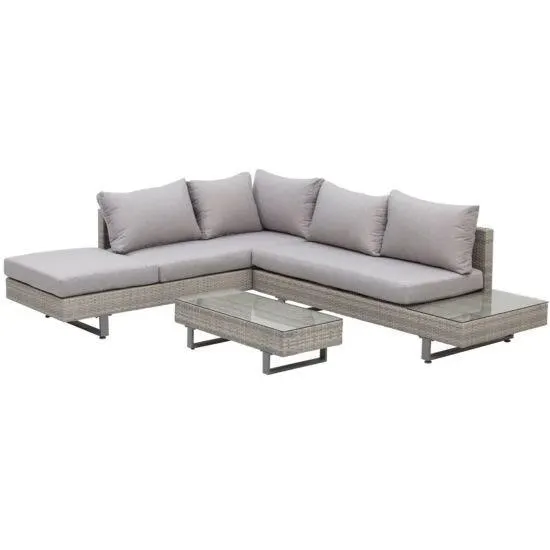 Outsunny 3pc Rattan Garden Corner Chaise Lounge Set w/ Coffee Table, Side Table and Cushions - Grey