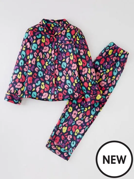 Girls Bright Animal Print Satin Long Sleeve Pyjamas - Multi