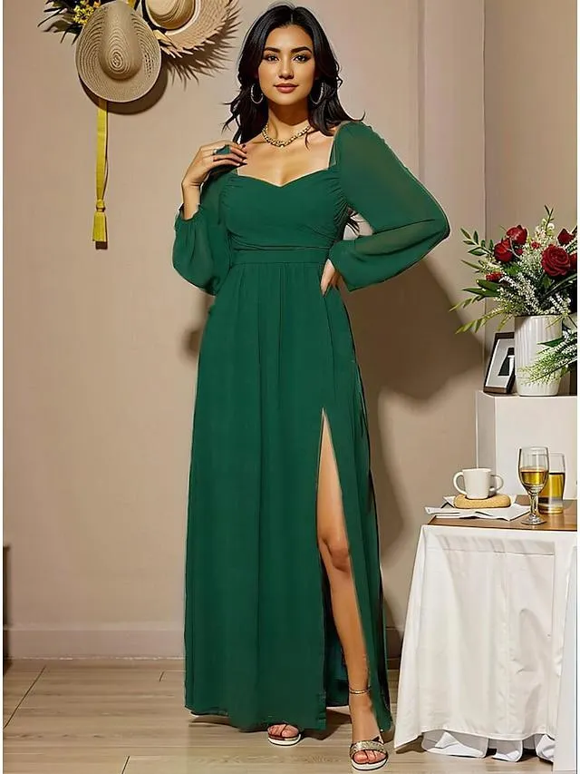 Women's Party Dress Wedding Guest Dress Wrap Dress Long Dress Maxi Dress Green Long Sleeve Plain Pure Color Ruched Split Spring Fall Winter V Neck Fashion Party A-line Winter Dress Christmas Wedding