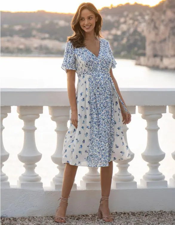 Blue & White Floral Maternity & Nursing Dress