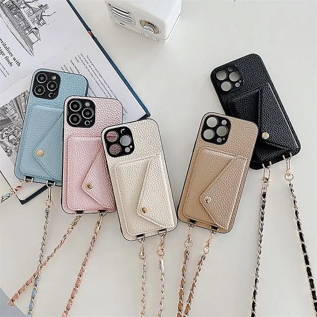 Phone Case For iPhone 15 Pro Max Plus iPhone 14 Pro Max Plus 13 12 11 Mini X XR XS 8 7 Back Cover with Lanyard With Card Holder Shockproof Solid Colored Metal PU Leather
