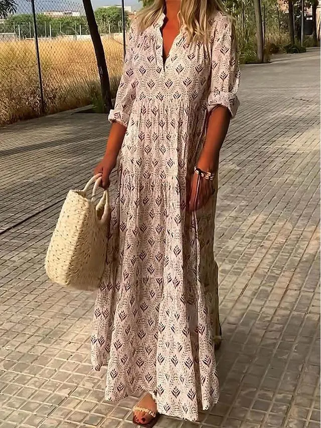 Women's Casual Dress Summer Dress Floral Geometric Print V Neck Maxi long Dress Fashion Streetwear Outdoor Date 3/4 Length Sleeve Regular Fit Pink Blue Green Summer Spring S M L XL XXL