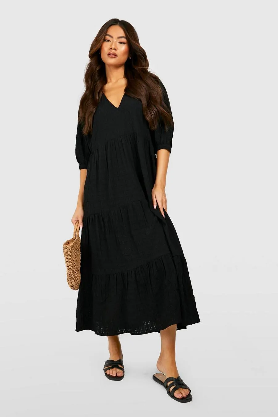 Textured Puff Sleeve Tiered Midi Dress
