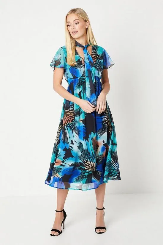 Petite Floral Flutter Sleeve Tie Neck Midi Dress