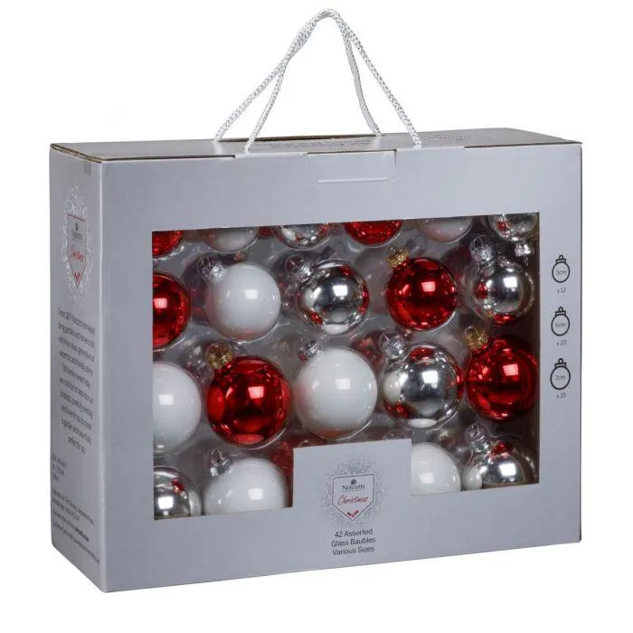 Box of 42 Red, White & Silver Baubles