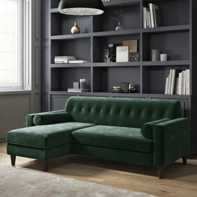 Green Velvet Left Hand L Shaped Sofa - Seats 3 - Idris