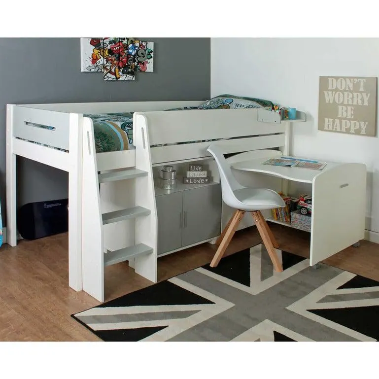 White Wood Children's Midsleeper Single Bed Frame With Pull Out Desk and Storage, Grey