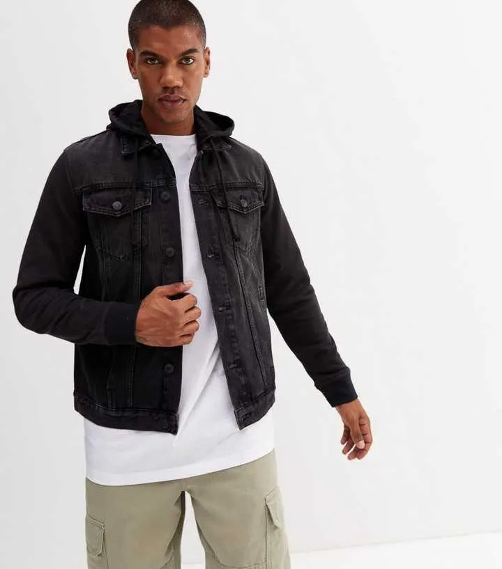 Black Denim Jersey Sleeve Hooded Jacket